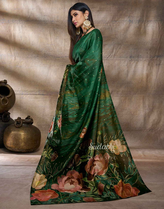 Mouni Roy Green Floral Blossom Ready To Wear Foil Saree
