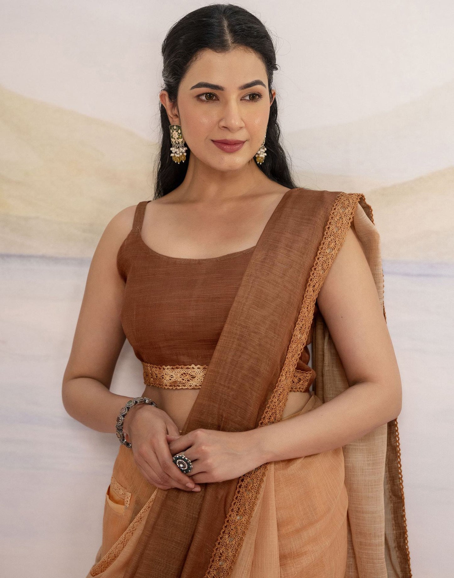 Ready To Wear Brown Linen Ombre Lace Saree With Pocket