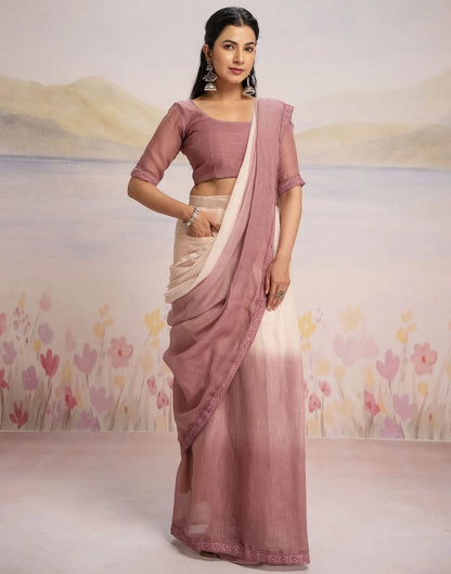 Ready To Wear Dusty Rose Pink Linen Ombre Lace Saree With Pocket