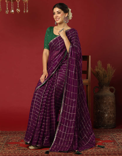 Dark Purple Georgette Woven Zari Stripe Saree