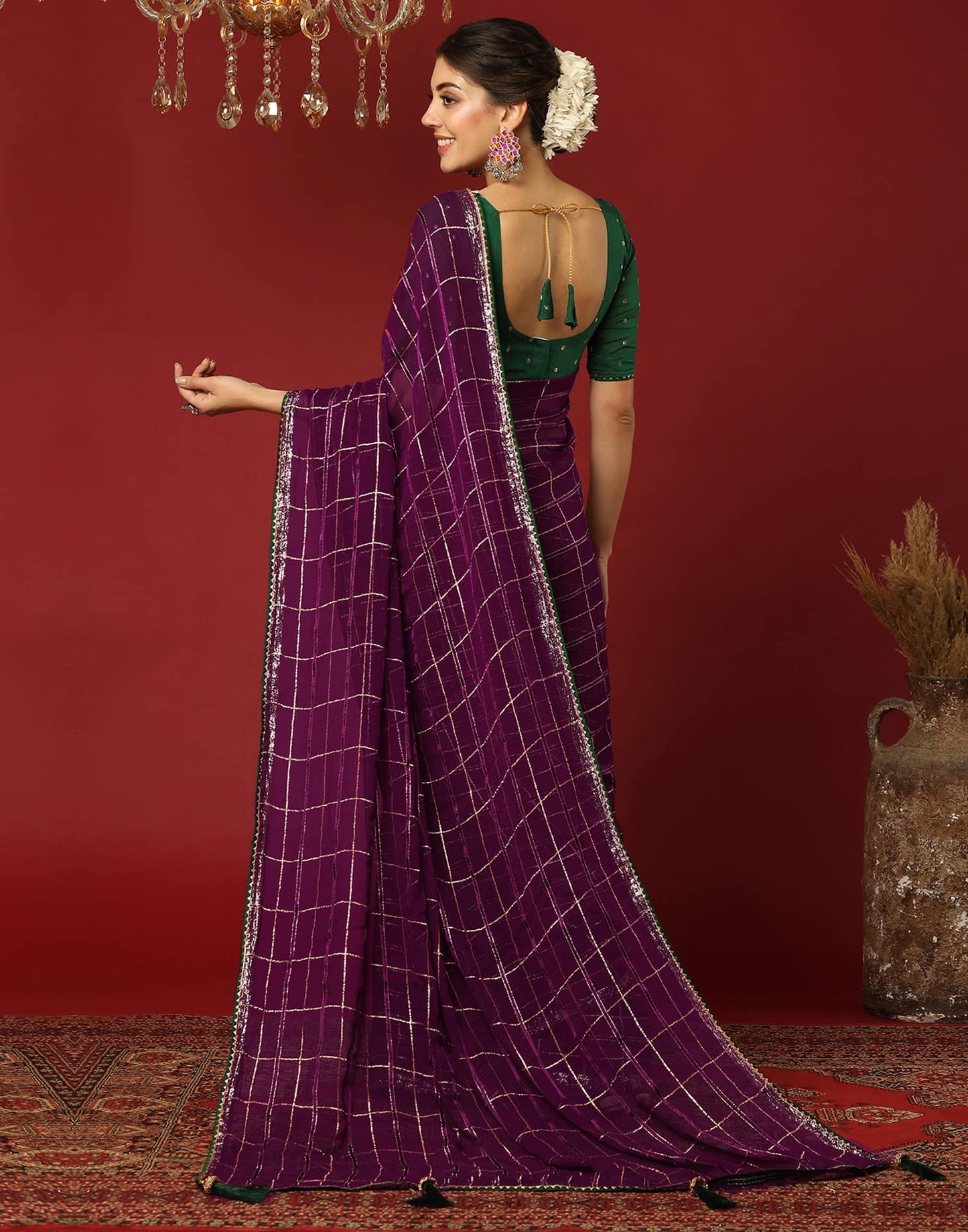 Dark Purple Georgette Woven Zari Stripe Saree