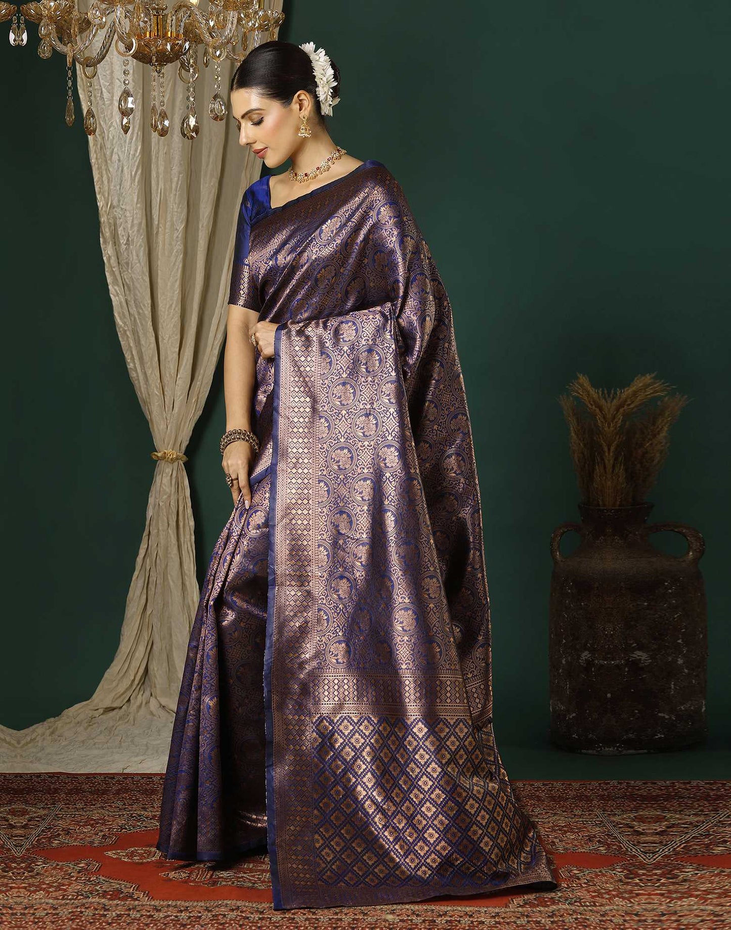 Navy Blue Silk Woven Banarasi Saree