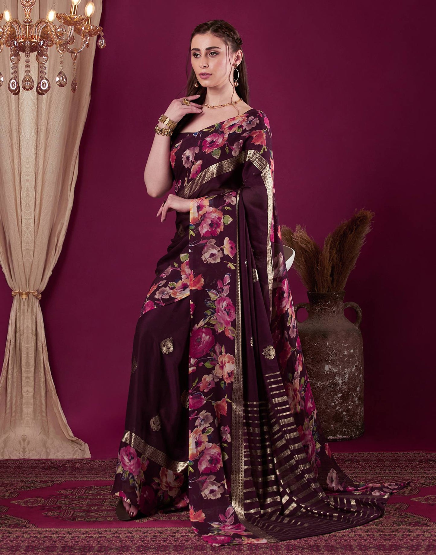 Wine Georgette Floral Printed Saree