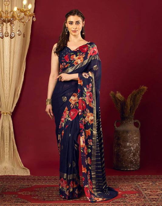 Navy Blue Georgette Floral Printed Saree