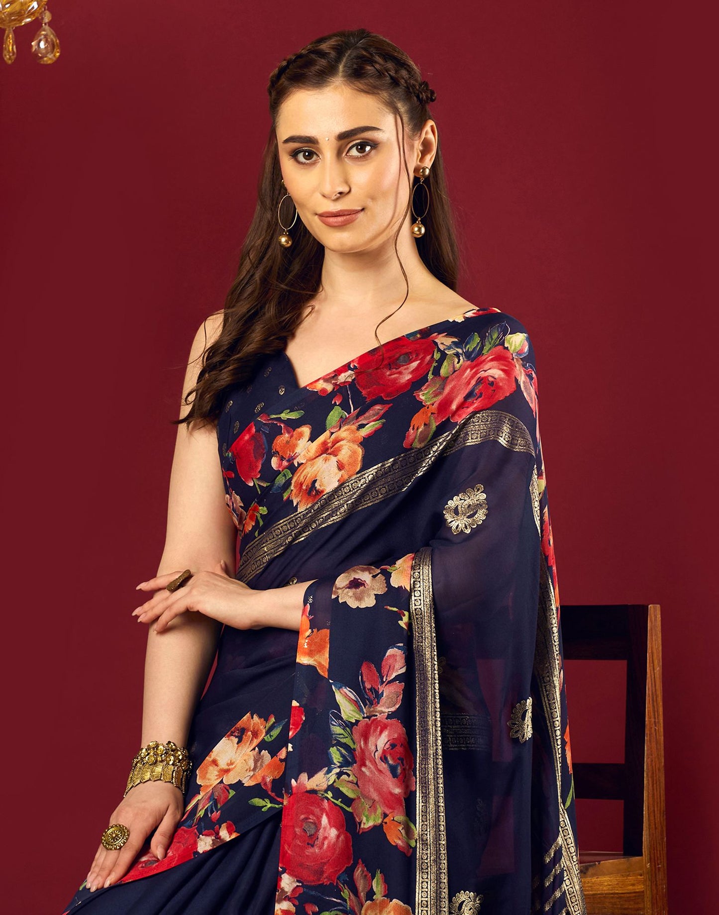 Navy Blue Georgette Floral Printed Saree