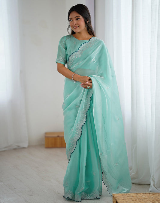 Sky Blue Tissue Silk Embroidery Saree