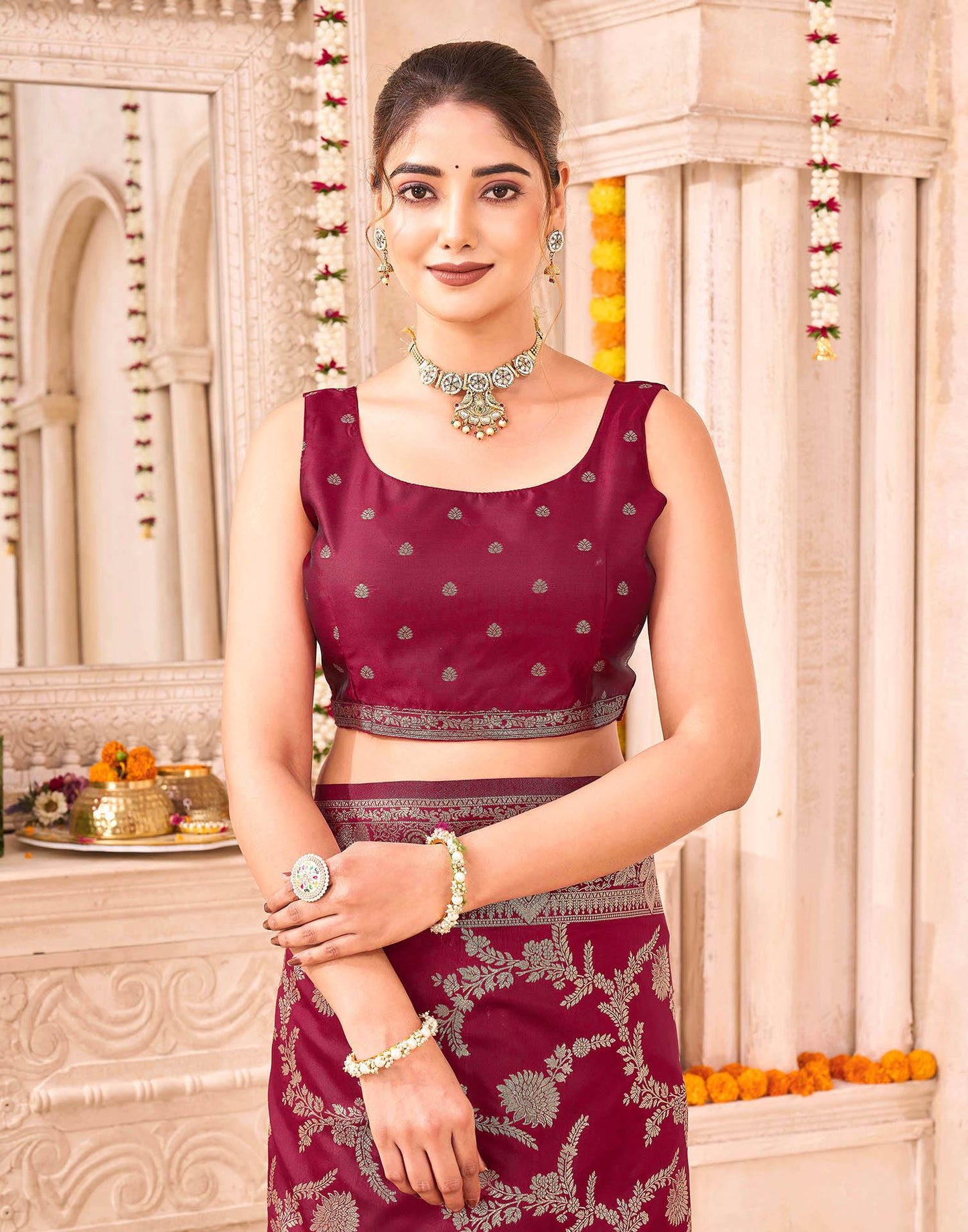 Maroon Silk Woven Banarasi Saree