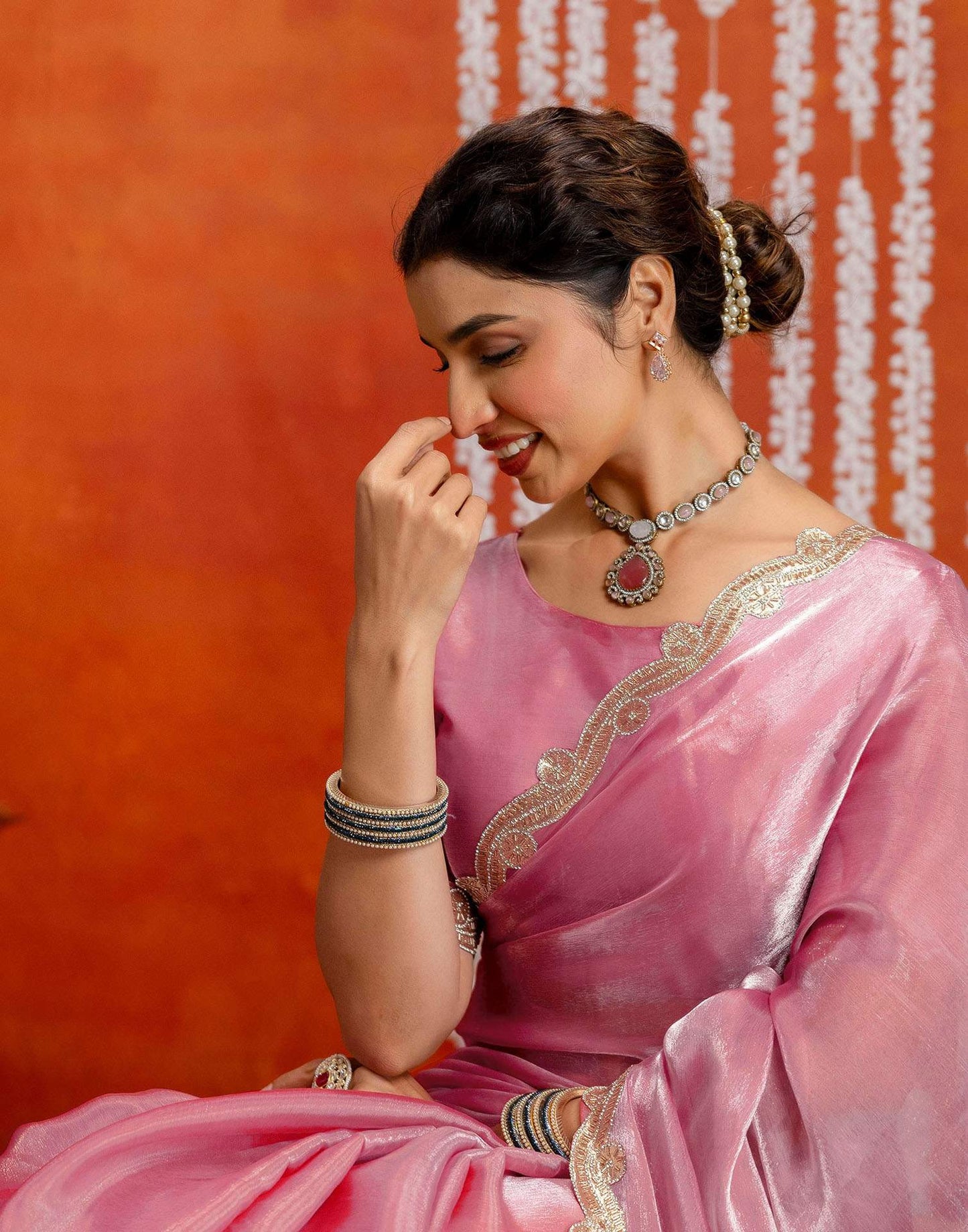 Baby Pink Shimmer Lace Saree