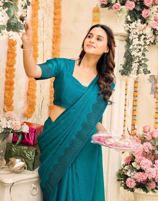 Teal Blue Shimmer Stone Work Swarovski  Saree