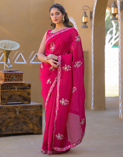 Dark Pink Chiffon Sequence Embroidery Saree