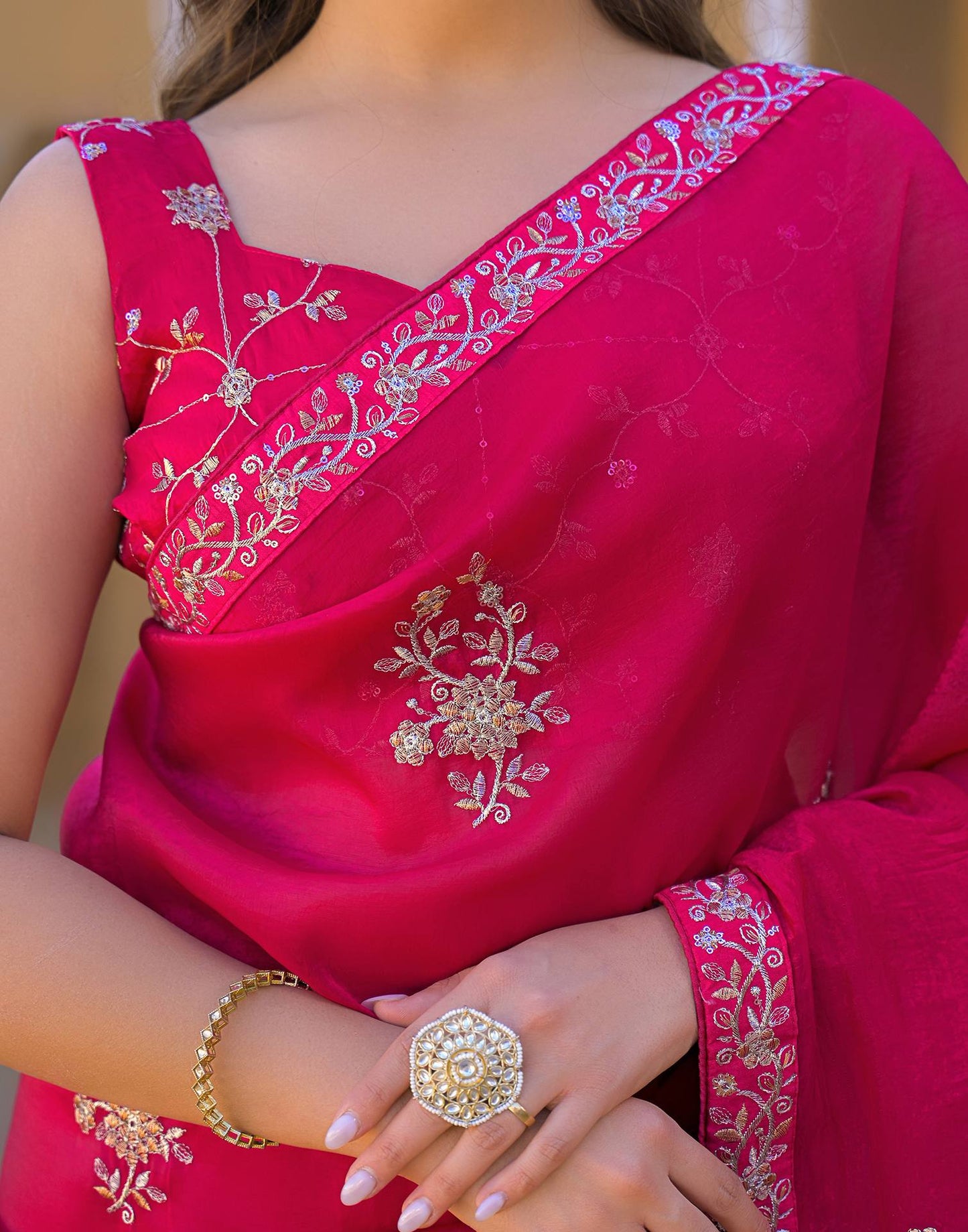Dark Pink Chiffon Sequence Embroidery Saree