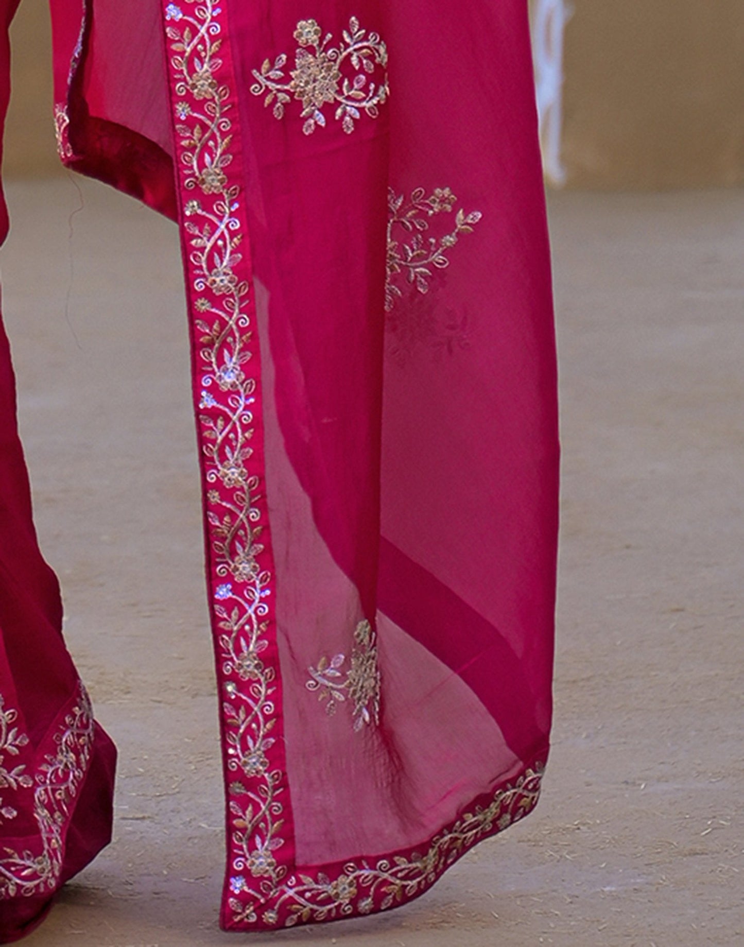 Dark Pink Chiffon Sequence Embroidery Saree