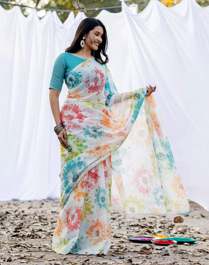 Off White Linen Printed Saree
