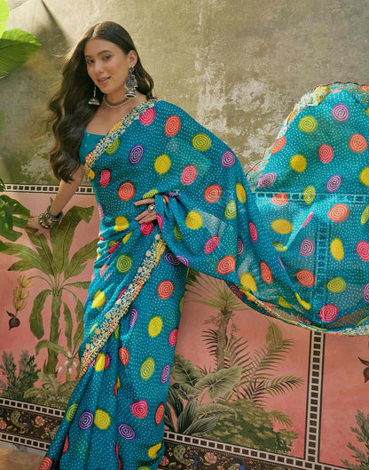 Turquoise Blue Chiffon Bandhani Printed Embroidery Saree