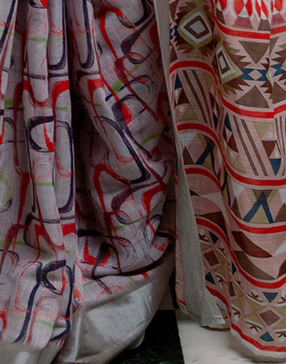 Ready To Wear Grey Linen Woven Border Printed Saree