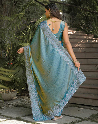 Dusty Teal Green Shimmer Tissue Embroidery Saree