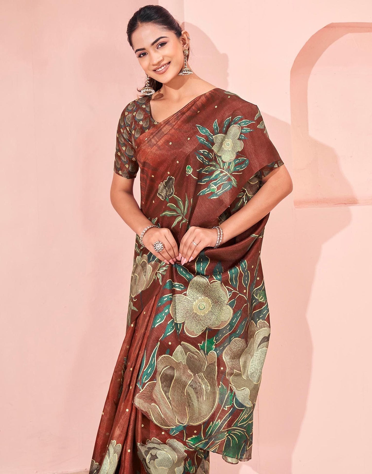 Ready To Wear Maroon Silk Foil Printed Saree