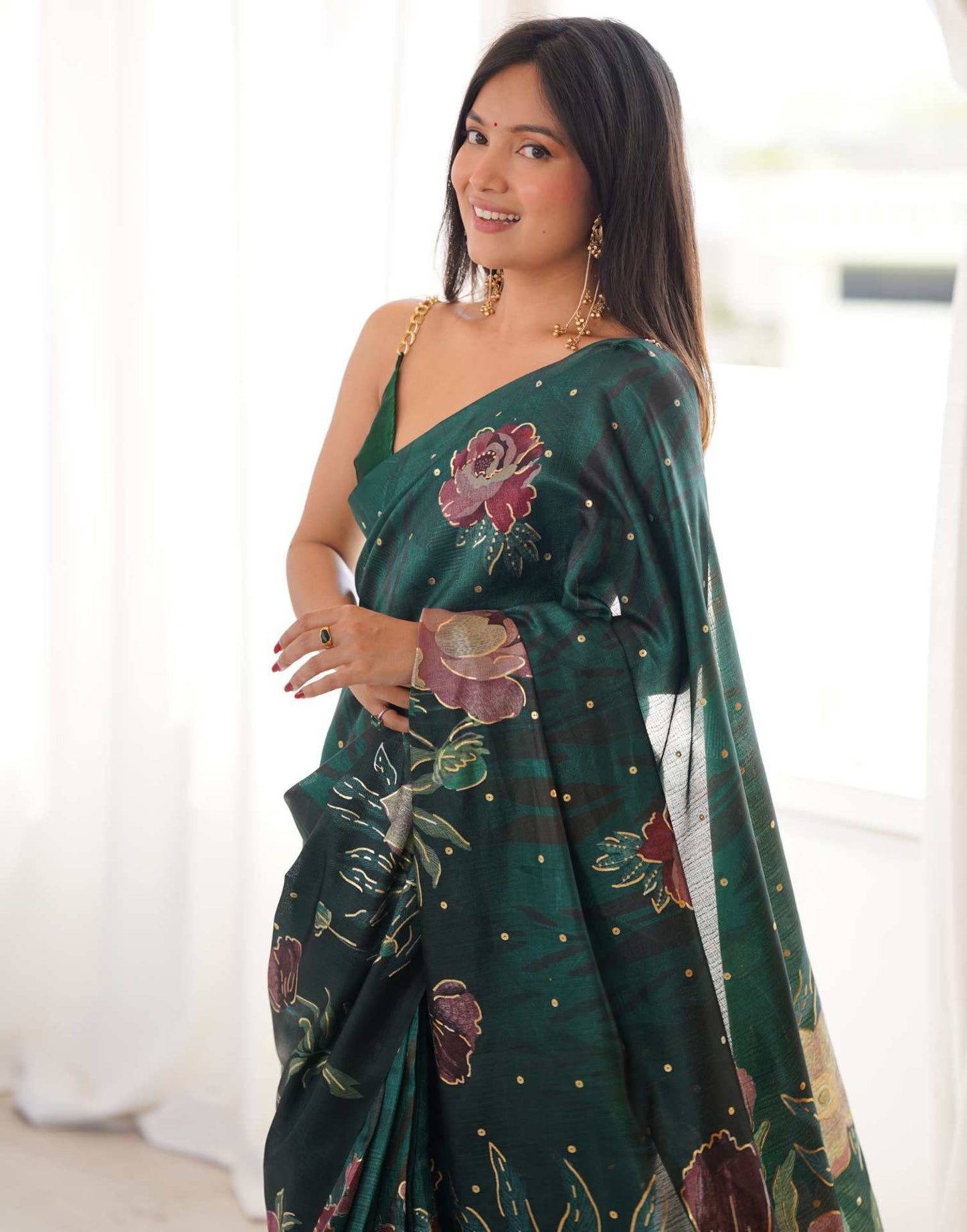 Mouni Roy Green Floral Blossom Ready To Wear Foil Saree