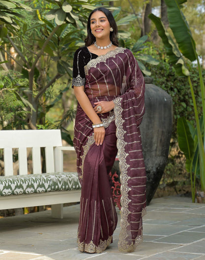 Maroon Net Sequence Embroidery Saree