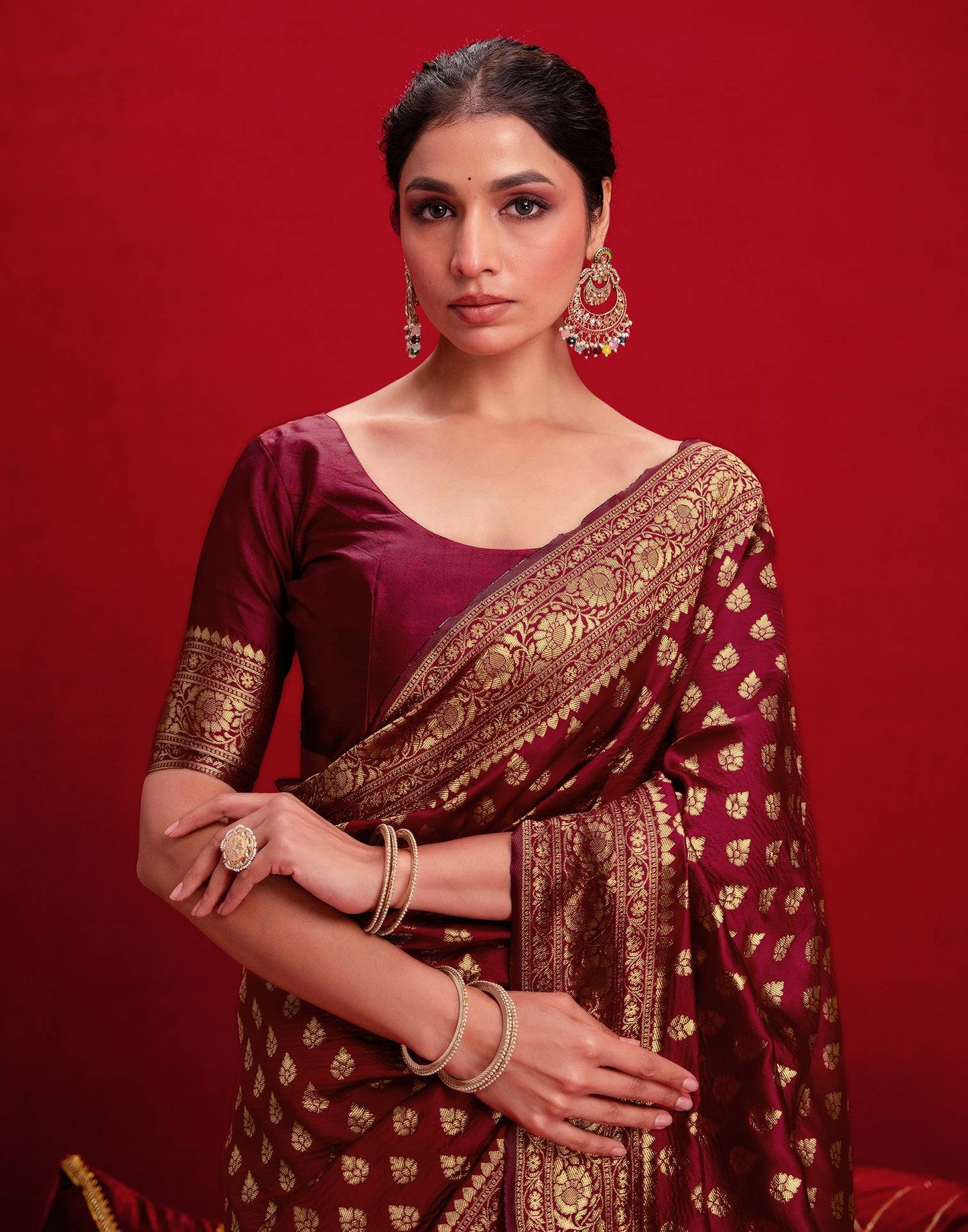 Maroon Silk Woven Banarasi Saree