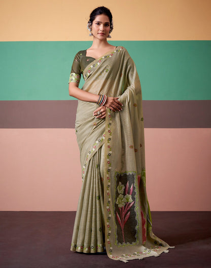 Light Olive Green Silk Printed Saree
