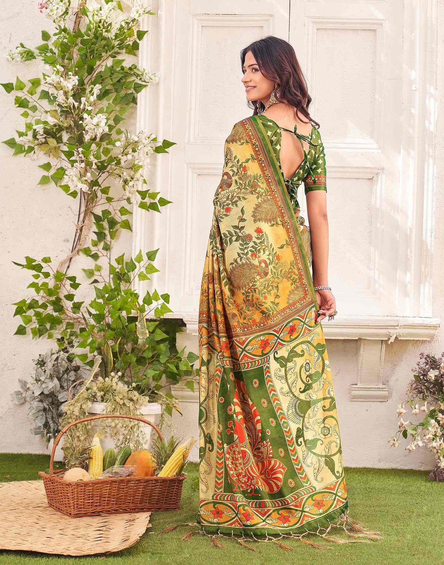 Beige Shimmer Silk Printed Kalamkari Saree 