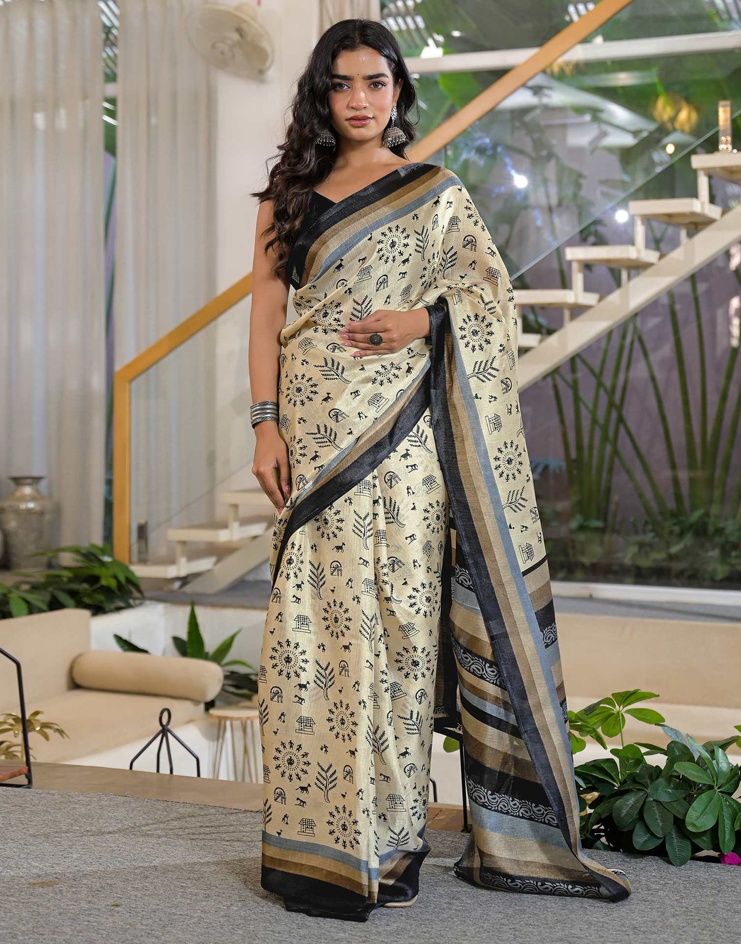 Beige Khadi Printed Saree 