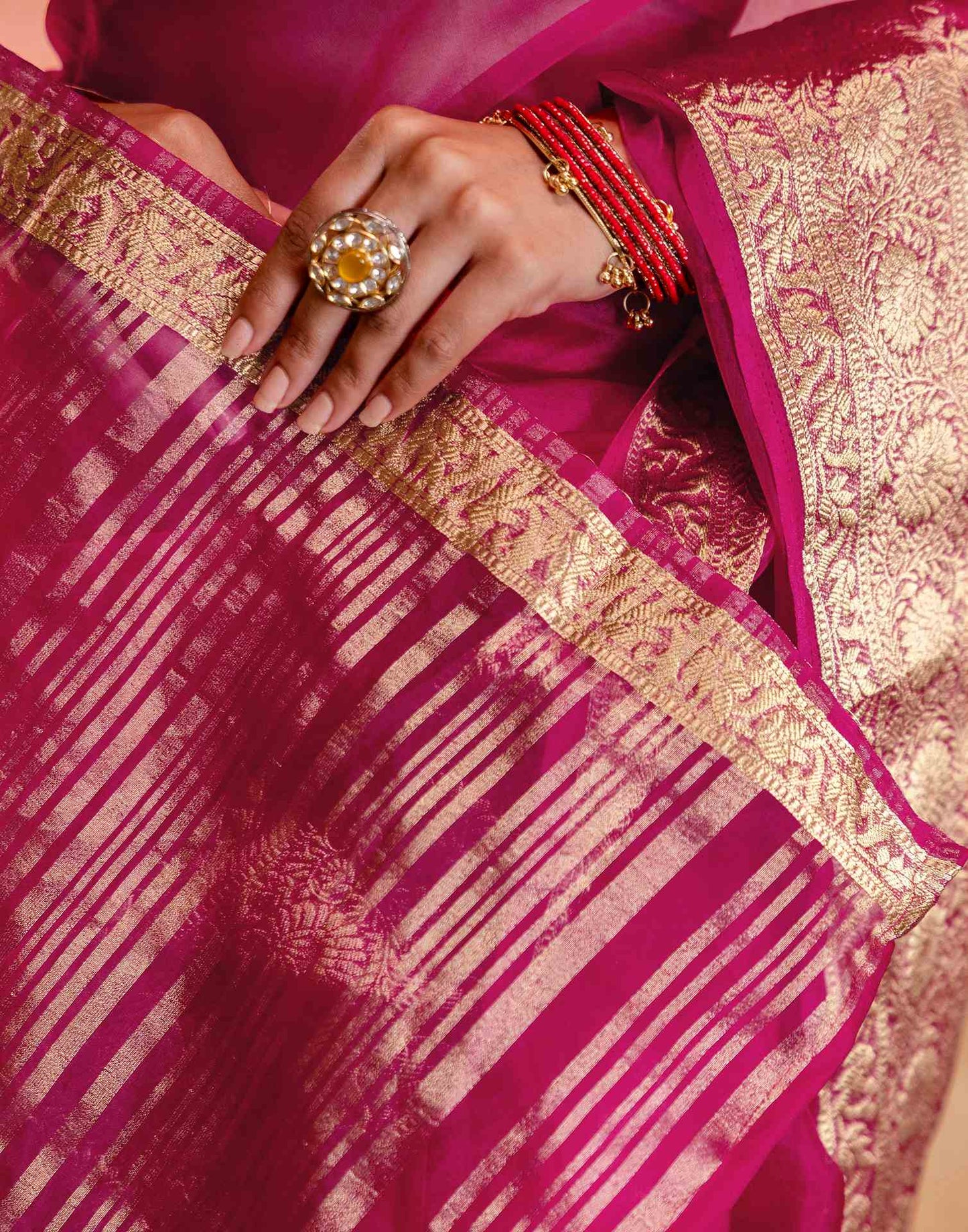 Rani Pink Organza Woven Border Saree