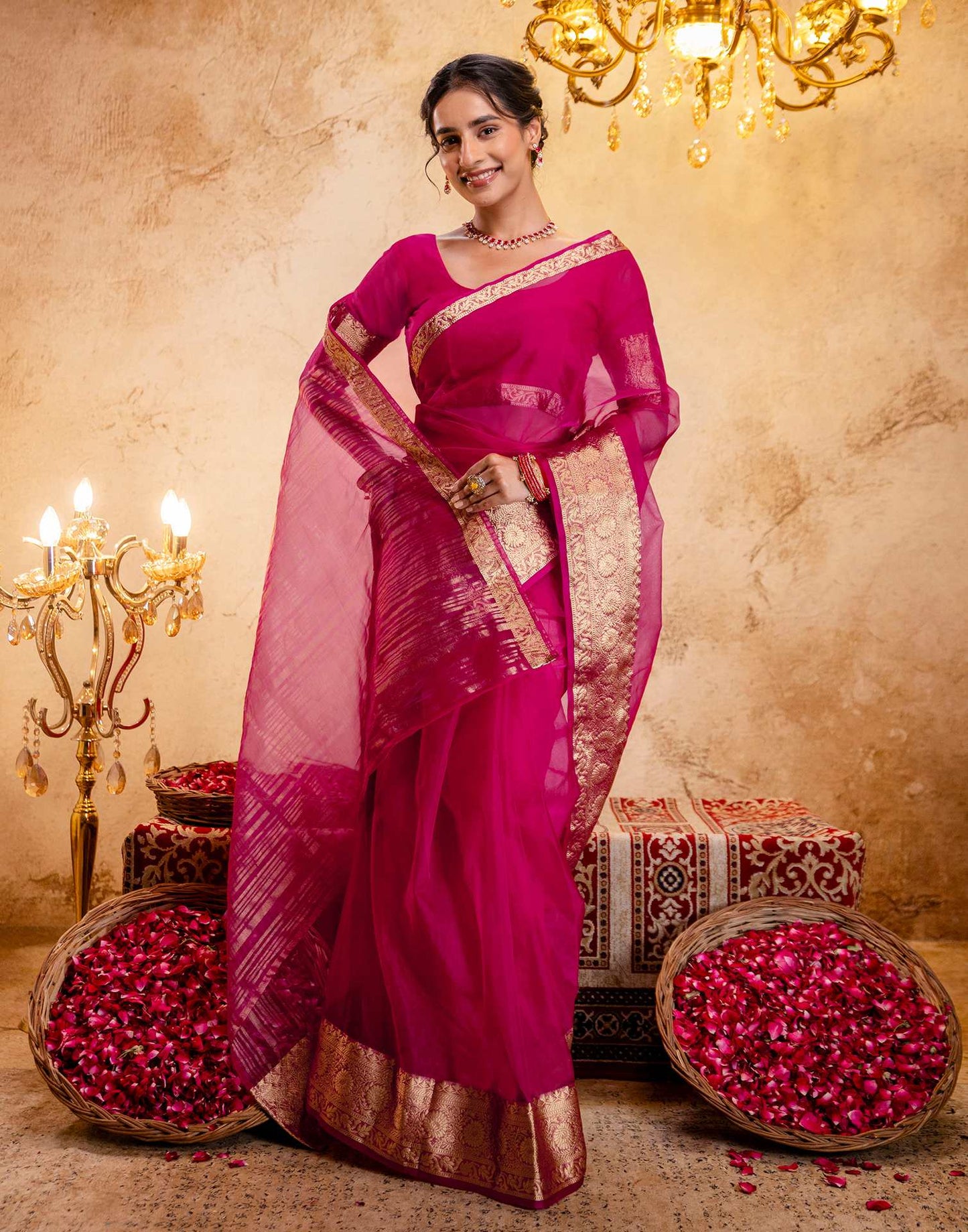 Rani Pink Organza Woven Border Saree
