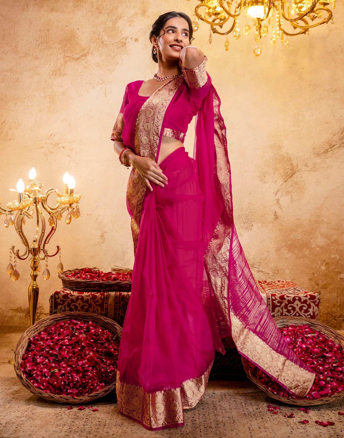 Rani Pink Organza Woven Border Saree