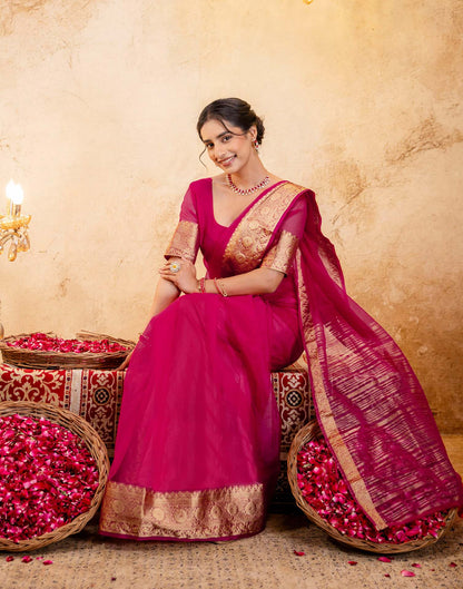 Rani Pink Organza Woven Border Saree