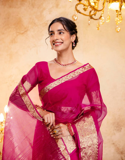 Rani Pink Organza Woven Border Saree