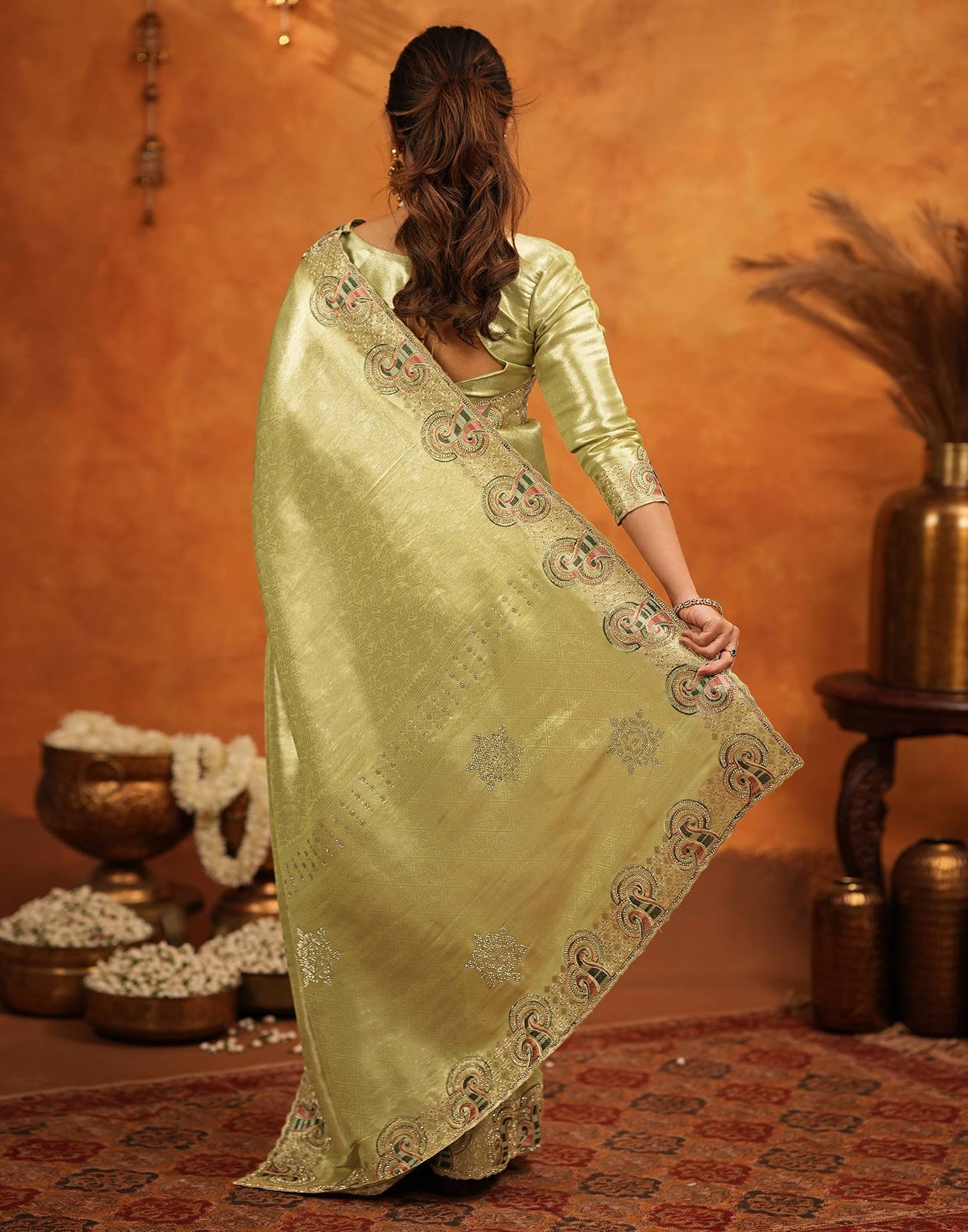 Pista Green Silk Woven Embroidery Stone Work Banarasi Saree