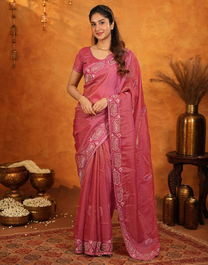Coral Pink Shimmer Silk Stone Work Embroidery Saree