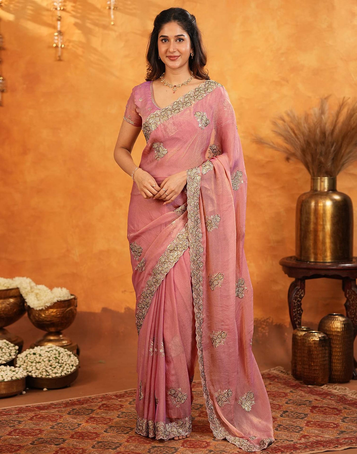 Coral Pink Shimmer Silk Stone Work Embroidery Saree