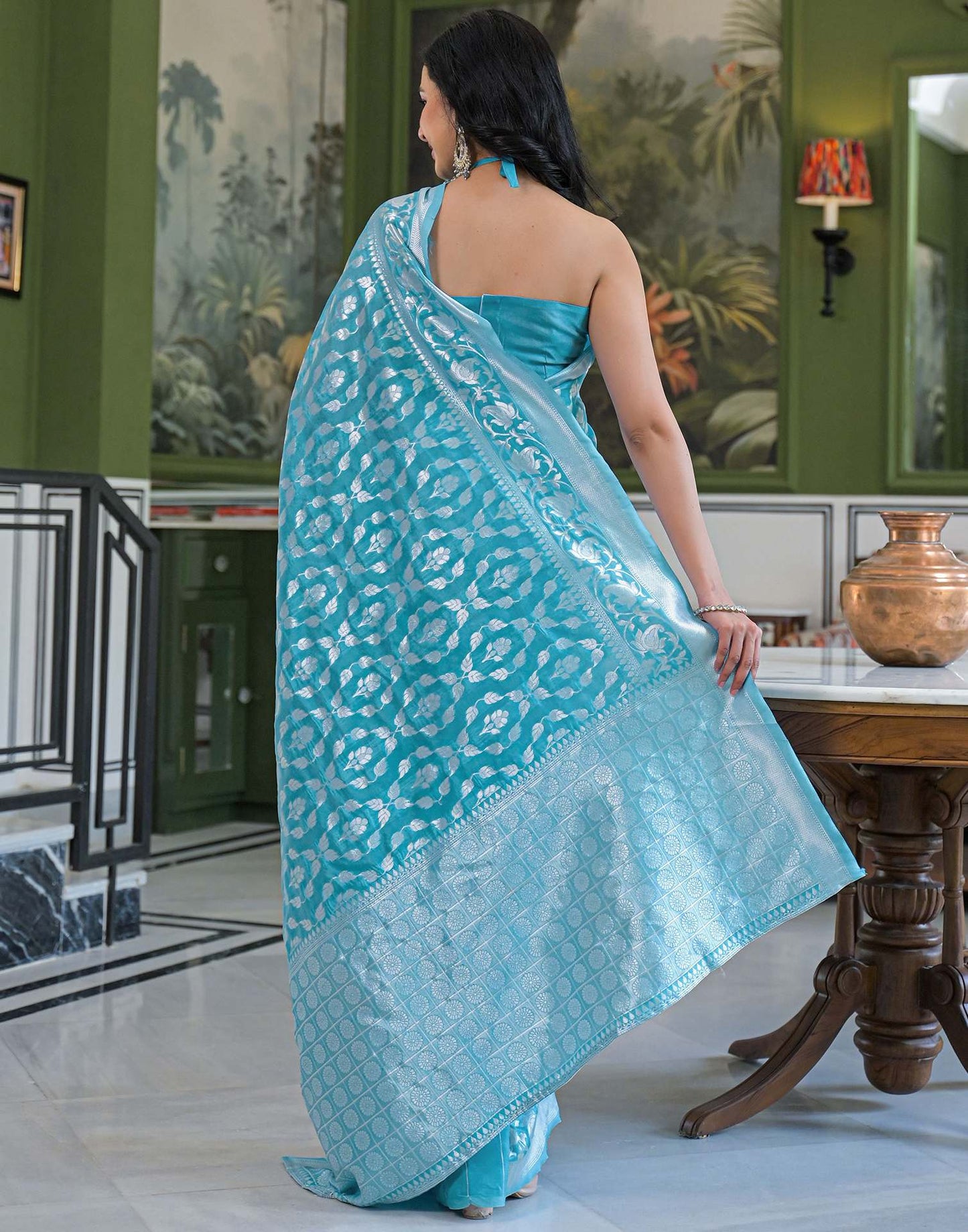 Sky Blue Silk Woven Banarasi Saree