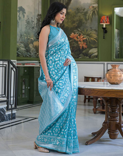 Sky Blue Silk Woven Banarasi Saree