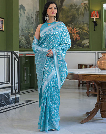 Sky Blue Silk Woven Banarasi Saree