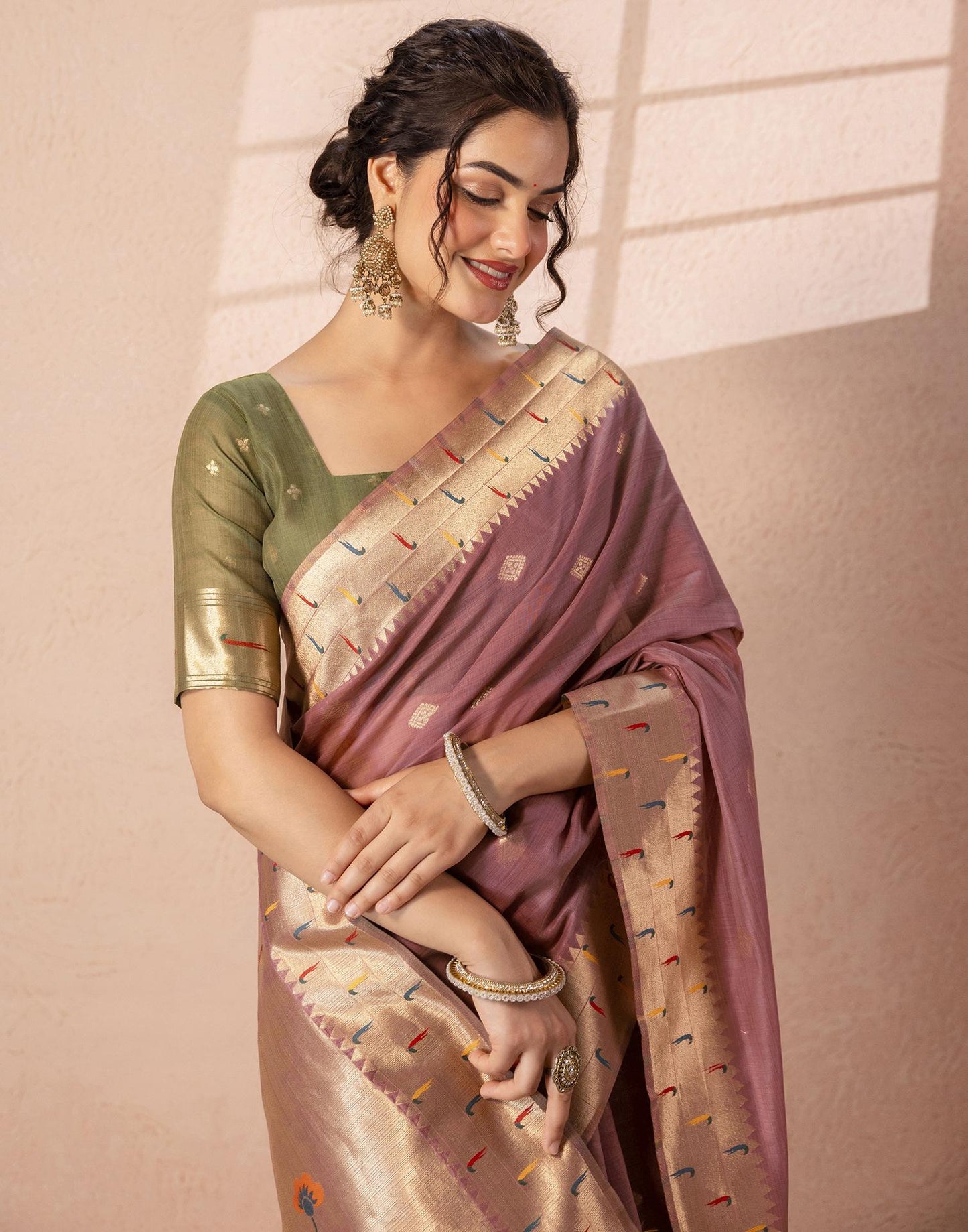 Dusty Mauve Chanderi Cotton Woven Paithani Saree