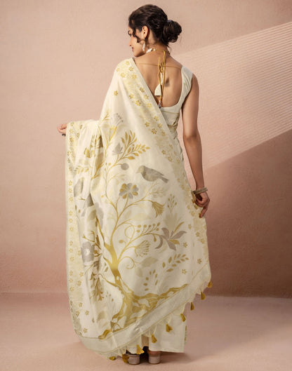 Beige Chanderi Cotton Woven Saree