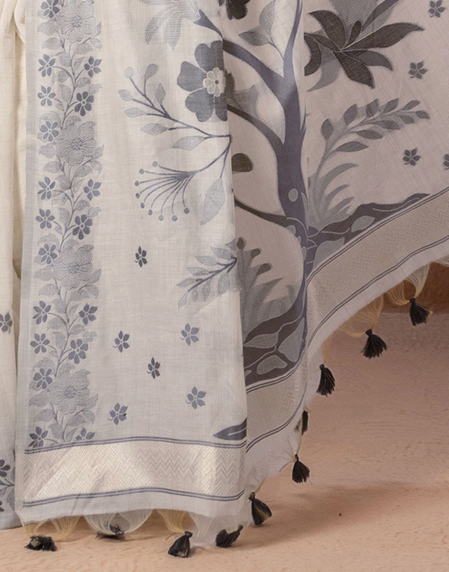 Beige Chanderi Cotton Woven Saree
