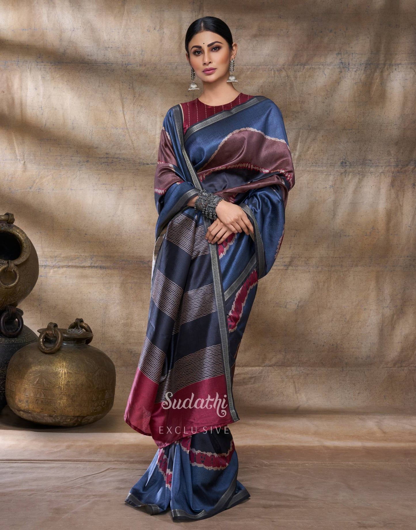 Mouni Roy Rusty Grey Terracotta Silk Saree