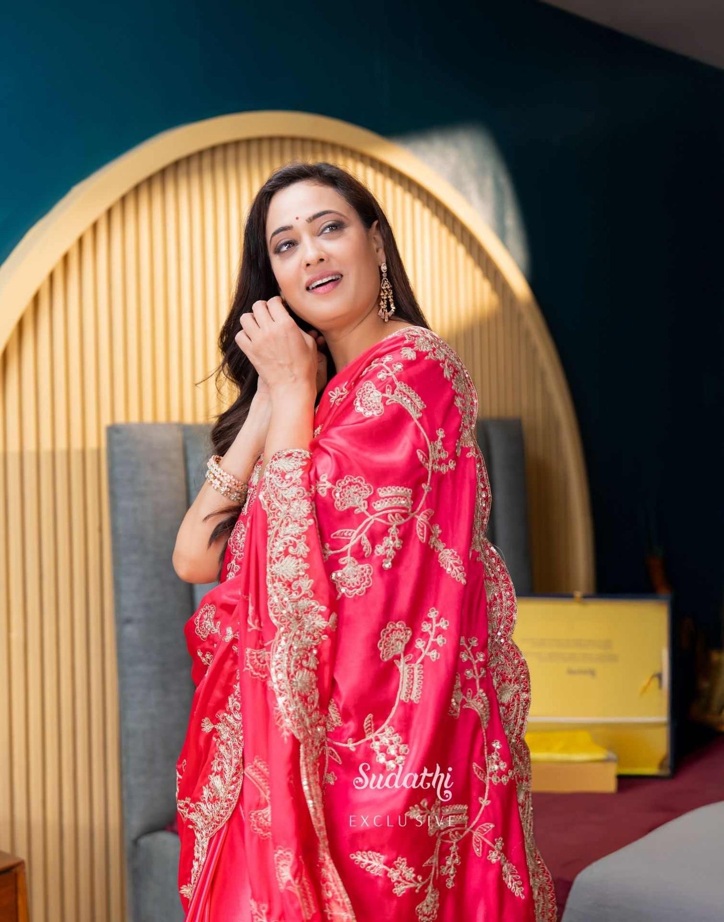 Shweta Tiwari Blush Pink Sequin Embroidered Silk Saree